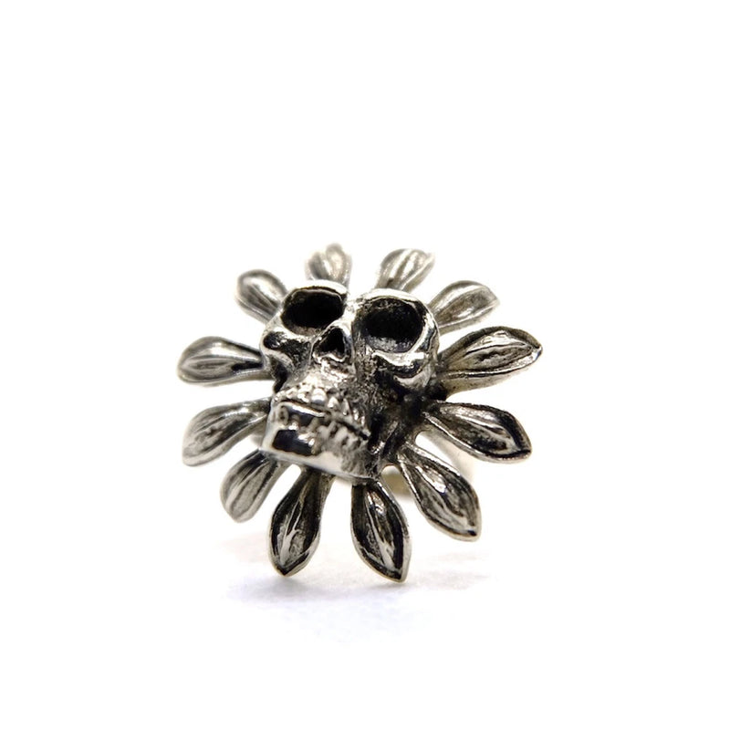 Sterling silver skull flower ring with black enamel and petal details