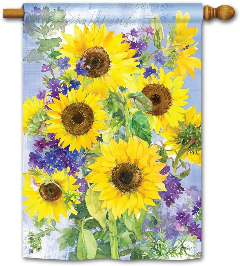 Sunflower garden standard flag with yellow sunflowers and purple blossoms, on a blue background
