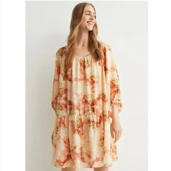 H&M SpringAiry Dress Drop Waist Peplum Hem Hydrangea Floral Print SZ M Spring Hydrangea