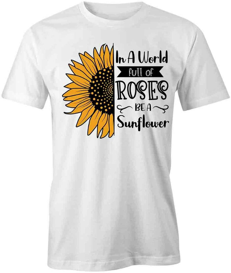 White cotton T-shirt with sunflower graphic and 'In a World' text