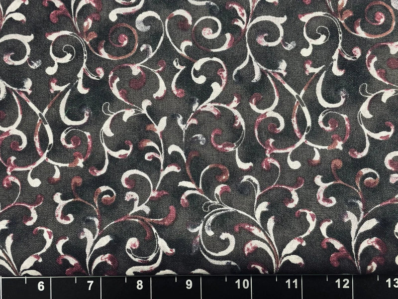 Tina Scrap 9"x21" Purple Black Elegant Leaves Flower Floral Swirl Cotton Fabric Flowering Plants