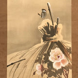 Japanese Hanging Scroll Kakejiku Vtg Winter Bird Peony Flower Straw Mat KJ170 Peony