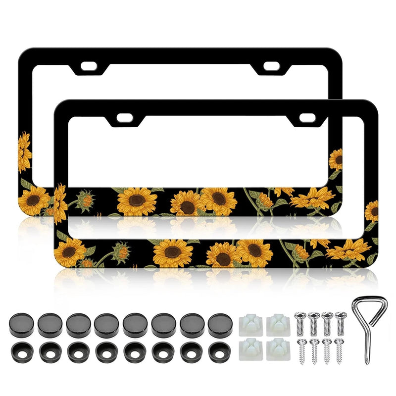 Set of 2 sunflower license plate frames with yellow floral design and mounting hardware