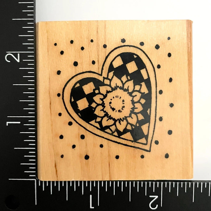 Wood rubber stamp block with heart outline sunflower and checkered dot design