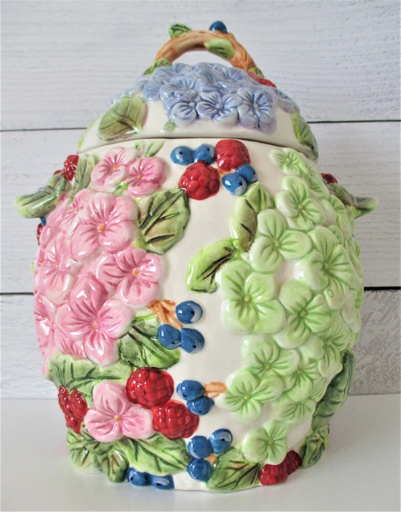 Flowers & Berries Cookie Jar Hydrangeas Blueberries Raspberries Hydrangea