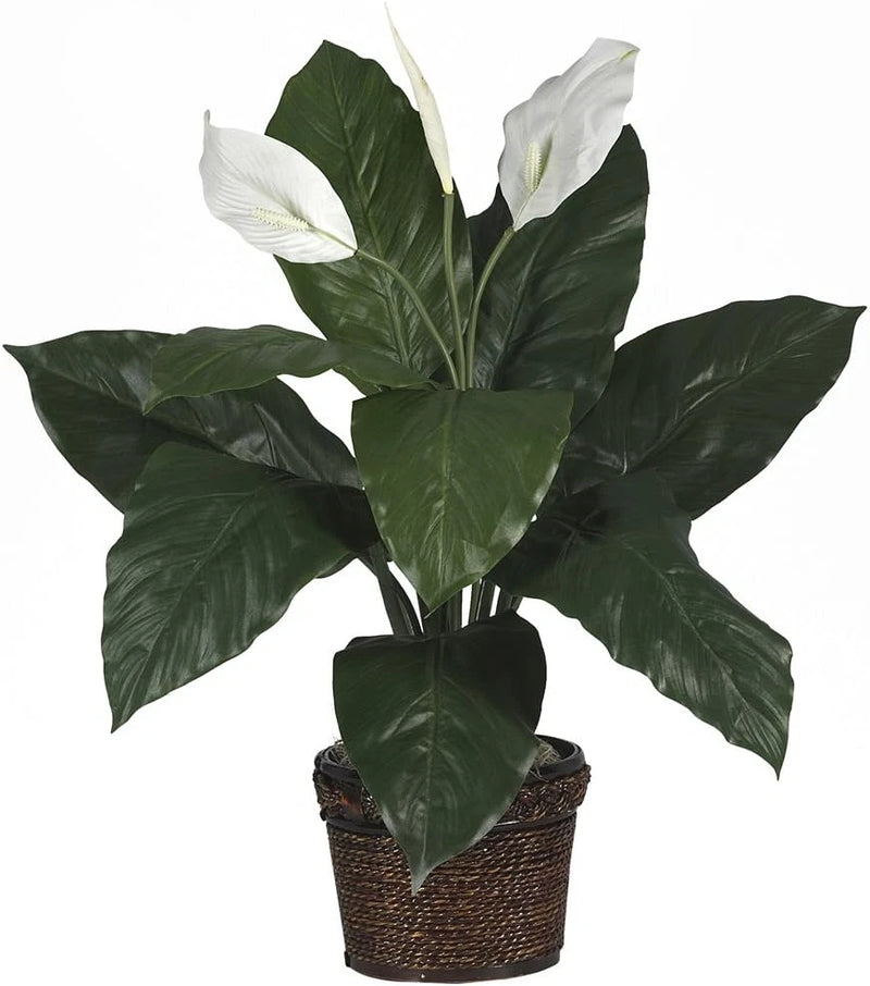 Lifelike Spathiphyllum Silk Plant in Elegant Wicker Basket - Green Plant