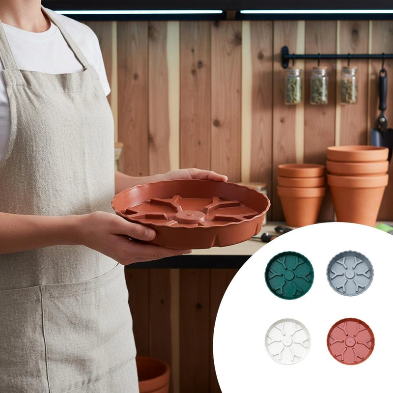 Thick plant pot saucer trays, round with ridged rim and drainage holes (set of 10)