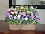 Vintage Wooden Box With Silk Pink and White Rose and Lavender Lilac Arrangement Ranunculus