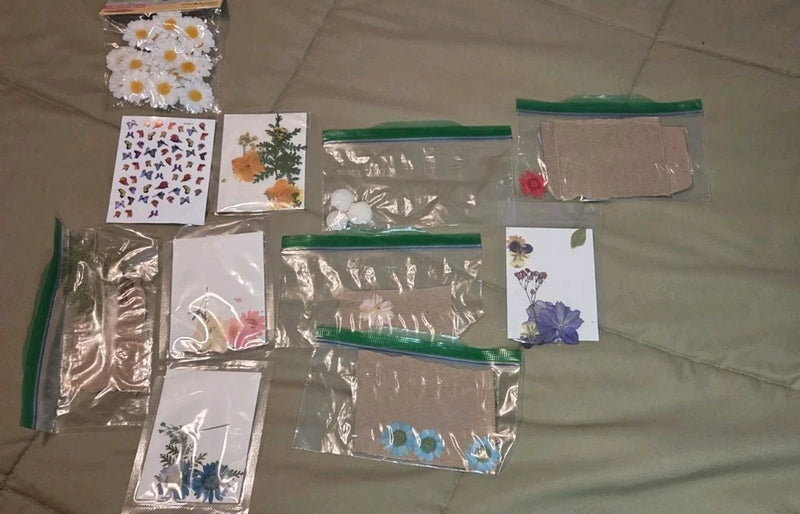 Pressed flower botanical sticker and resin craft lot with small artificial blooms, assorted