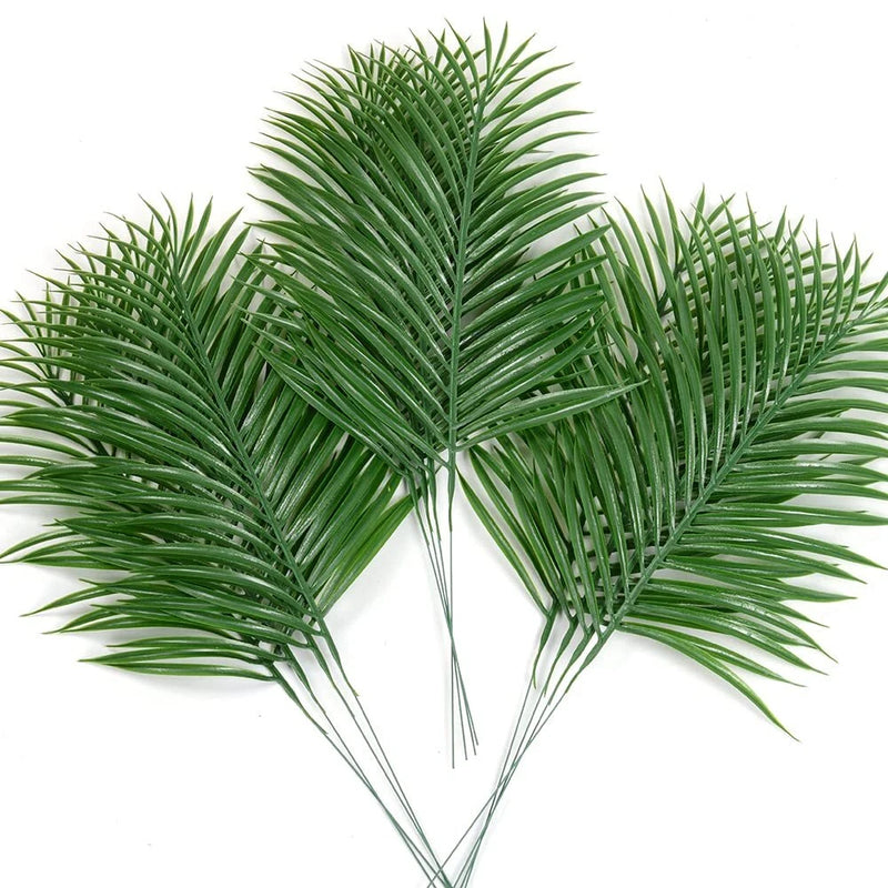Artificial palm leaf set with multiple green faux fronds on thin stems