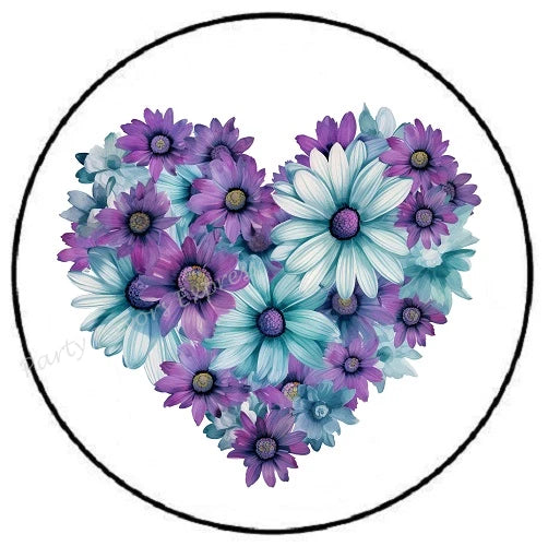 BLUE PURPLE DAISY FLOWER HEART ENVELOPE SEALS LABELS STICKERS PARTY FAVORS Daisies