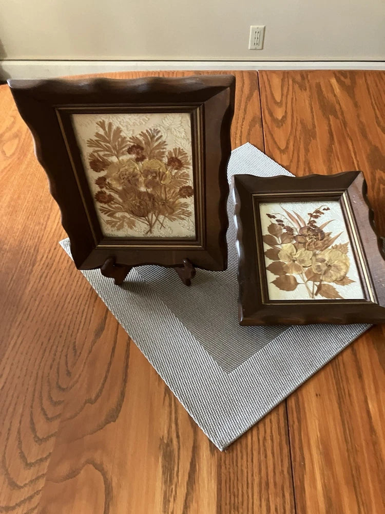 Set of 2 vintage wood-framed pressed flower wall art with dried floral prints