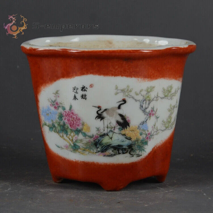 4.1" China Porcelain Red Glaze Animal Red Crowned Crane Tree Peony Flower Pot Peony