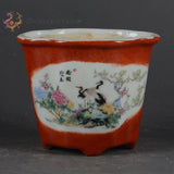 4.1" China Porcelain Red Glaze Animal Red Crowned Crane Tree Peony Flower Pot Peony