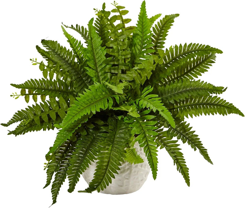 Boston Fern in White Planter - Lush Green Artificial Plant Decor Green Plant