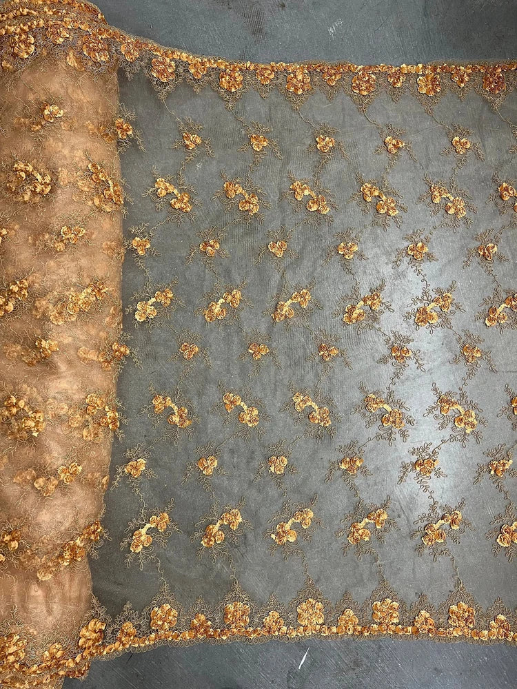 Andrea ANTIQUE GOLD 3D Floral Matte Corded Embroidery on Mesh Lace Fabric by th Flowering Plants