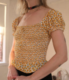 Faithfull The Brand Sunflower Floral Smocked Crop Puff Sleeve Flower Cropped Tee Sunflower
