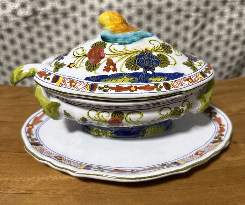 Decorative ceramic gravy boat with lid and matching underplate, blue and green floral pattern