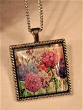 Lovely Bead Rim Square Silvertn Puffy Pasteled Hydrangea Flowers Garden Necklace Hydrangea
