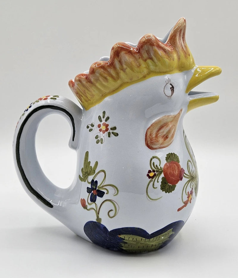 Italian Faenza Cottura Garofano Blue Carnation 8.5" Rooster Pitcher Bruno Brolli Carnation
