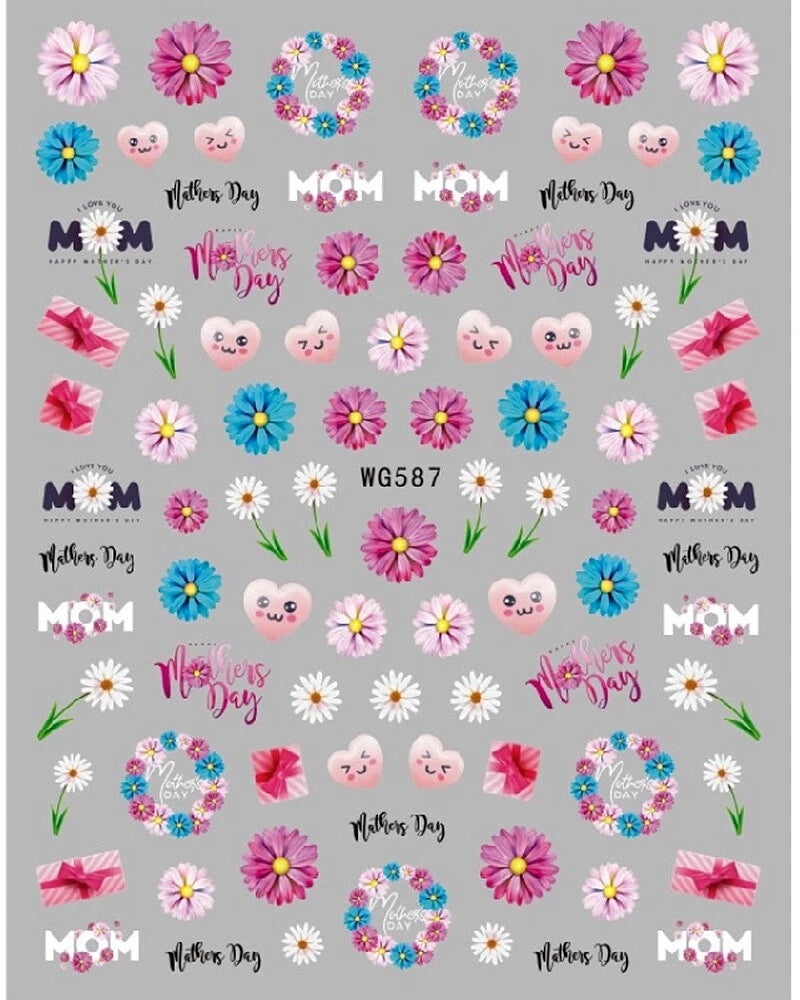 Nail sticker sheet with pink and blue flowers, hearts, and MOM/Mother's Day text
