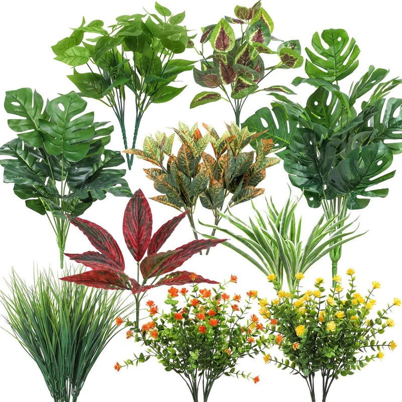 Artificial plant set with multiple faux greenery stems, green leaves and red accents