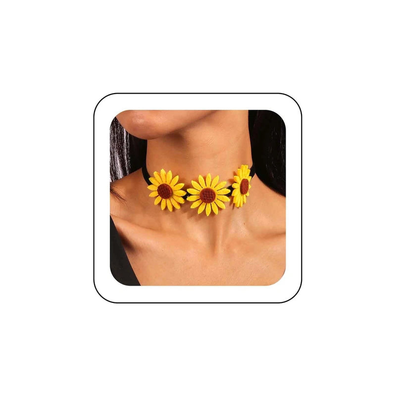 Yellow sunflower velvet choker necklace with three large flower appliques