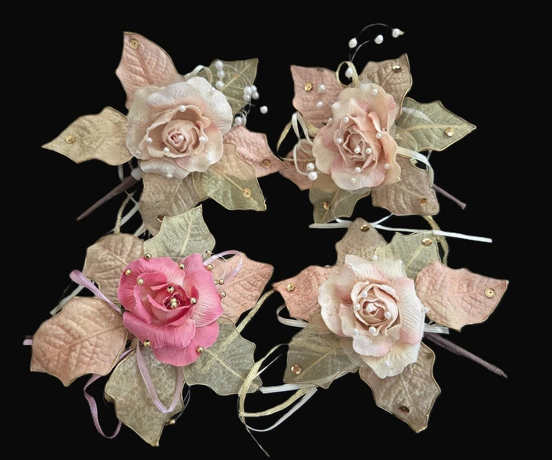 Lot of 4 vintage fabric embellished beaded rose flowers corsage Bouquet
