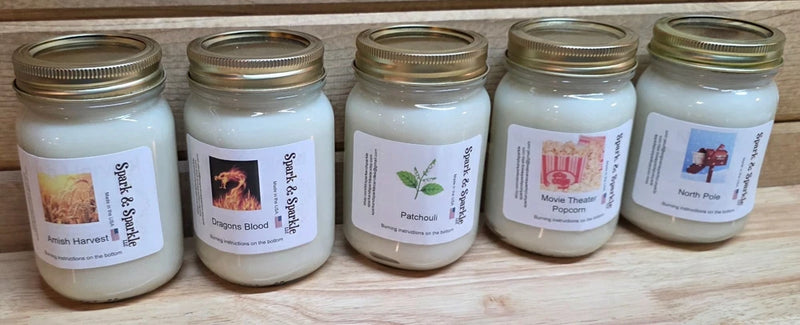 Jar soy candles in glass jars with printed labels, set of multiple scents