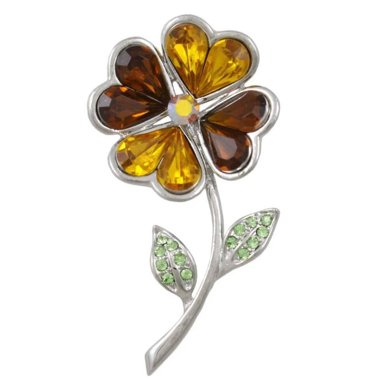 Sunflower brooch pin with amber crystal petals and green leaf accents