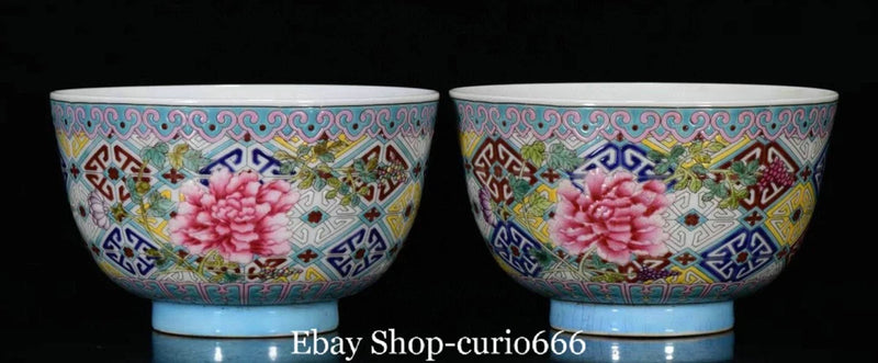 Kangxi Colour Enamel Porcelain Gold Lotus Peony Flower Flowers Wine Tea Cup Pair Peony
