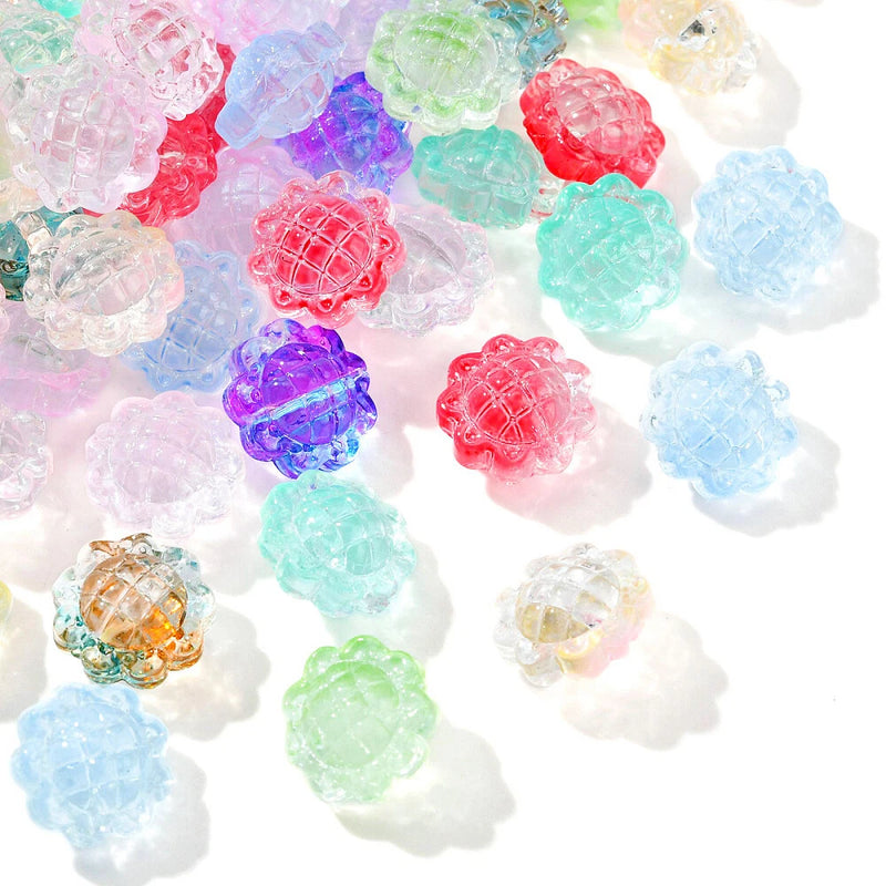 Assorted transparent flower glass beads in multicolor (red, blue, purple, green)