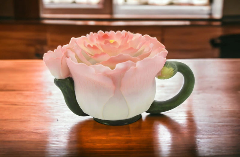 Ceramic mini peony teapot figurine with pink flower top and green handle and base