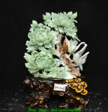 14.5''Chinese Green Xiu Jade Carved Peony Flower Bird Ornament Statue Sculpture Peony