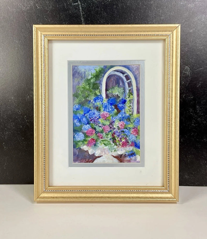 Ellen V Cuddy Original Painting Blue Pink Hydrangeas and Arbor Cape Cod Artist Hydrangea
