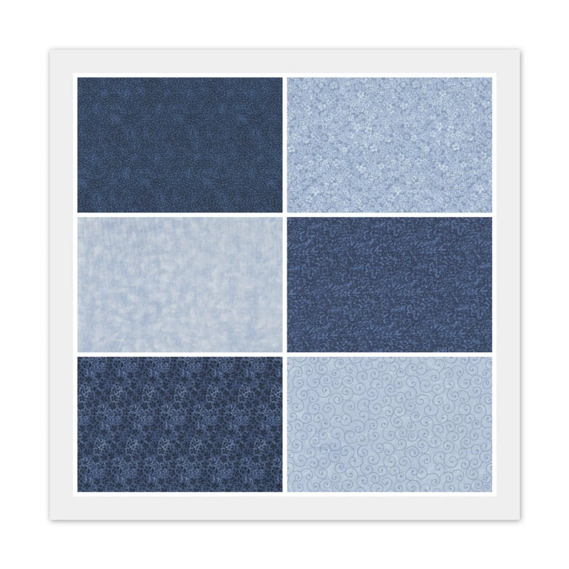 Light Blue & Navy Blue FAT QUARTERS: 6) 18" x 22" FQ Bundle, 100% Cotton Fabric Flowering Plants