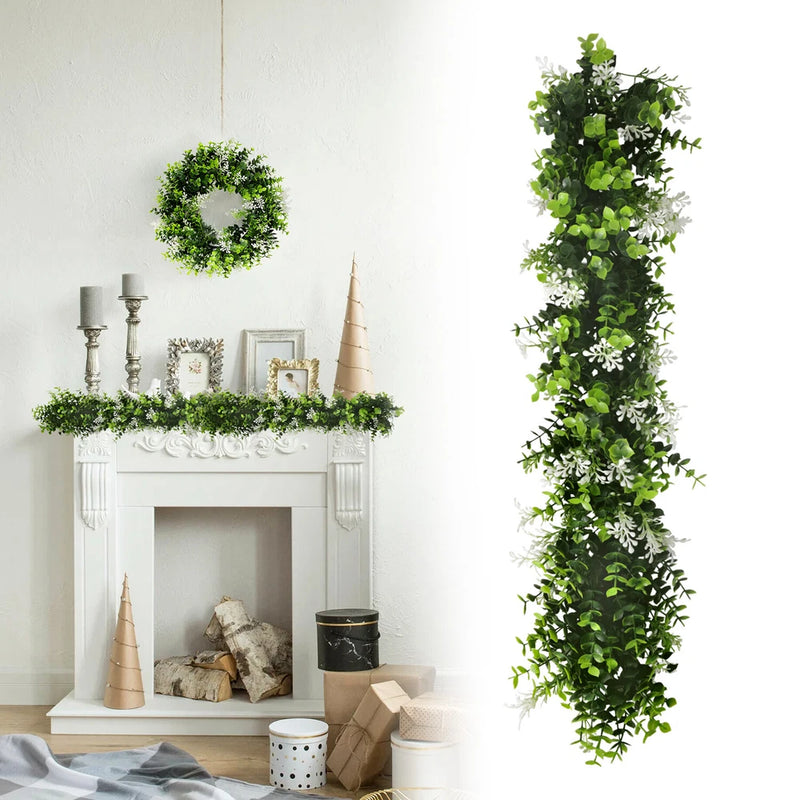 Artificial hanging garland with faux ivy leaves, green with white accents