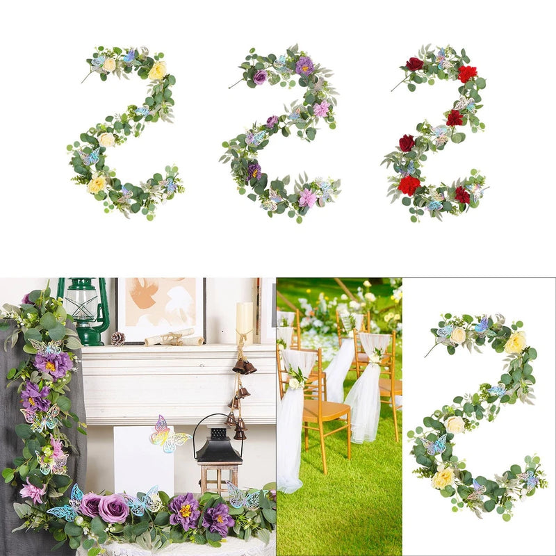 Artificial peony flower and greenery wreath garland with green leaves and purple blossoms