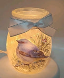 Stony Creek Hydrangea with Blue Bird Snow 4" Tall Glass Jar w/Ribbon Lite Hydrangea