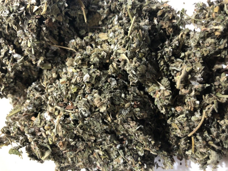 Damiana & Mullein organic herb mix, dried leaves and flowers, green-gray flakes