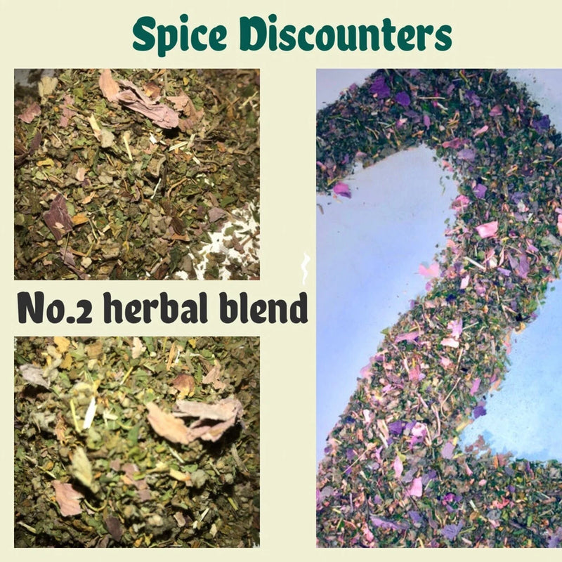 Dried herbal flower blend, No. 2 mix with green, purple, and pink petals