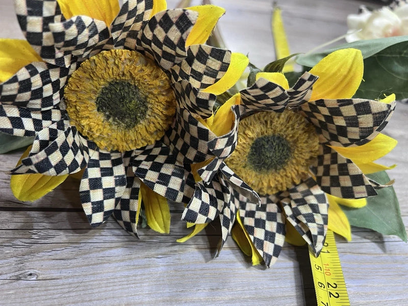 Set of 2 Mackenzie-Childs sunflower stem picks with check petals and green centers