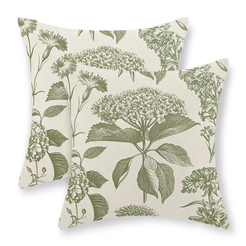 Sage Green Pillow Covers 18x18 Set of 2 Boho Floral Hydrangea Herbs Botanical... Hydrangea