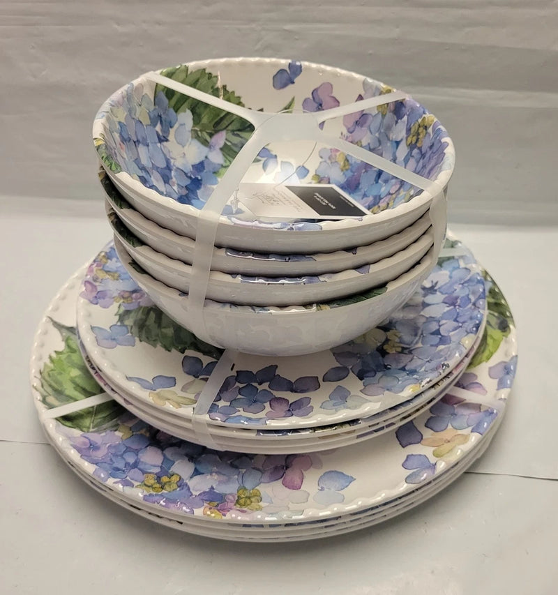 Rachel Ashwell Melamine Hydrangea Purple Blue Dinner, Salad & Bowls 12 Farmhouse Hydrangea