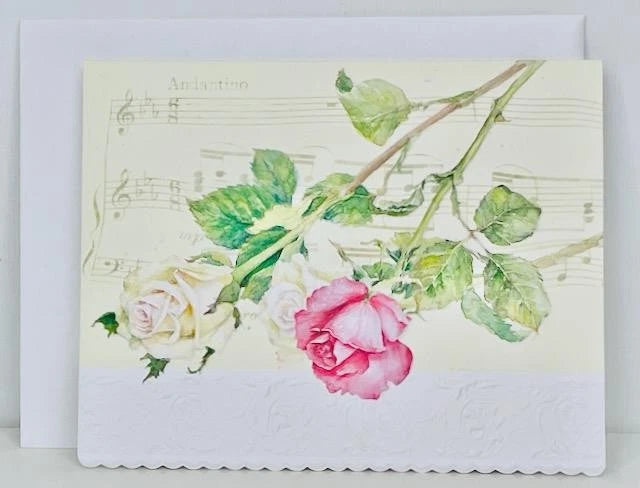 Rose and sheet music single note card with pink rose and green leaves