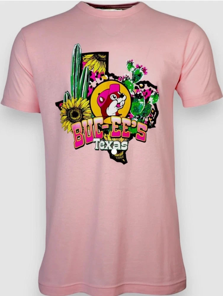 Pink cotton graphic T-shirt with Buc-Ees Texas logo on the front
