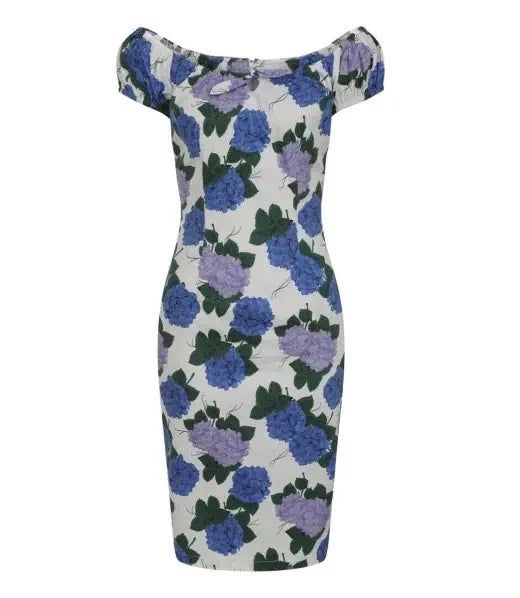 Collectif Floral Pencil Dress 8 White Blue Pinup hydrangea Lilac Retro 50Õs VTG Hydrangea