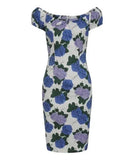 Collectif Floral Pencil Dress 8 White Blue Pinup hydrangea Lilac Retro 50Õs VTG Hydrangea