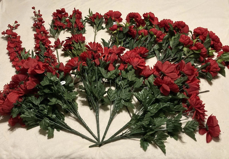 Set of artificial red floral picks with carnations and mixed blossoms
