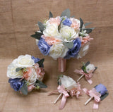 Wedding Silk Flower Bridal Bouquets Ivory Cream Pink Blush Dusty Blue Eucalyptus Hydrangea